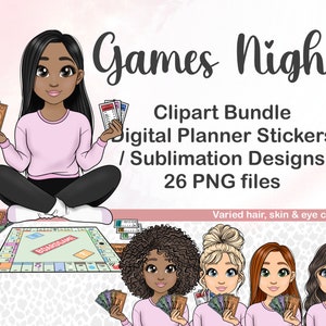 Games Night Clipart, Bordspel meisje PNG, Girls Night In Gepersonaliseerde Clipart Bundel, Zwart Meisje Clipart, Dobbelstenen Kaarten Hobby Sublimatie Bestanden