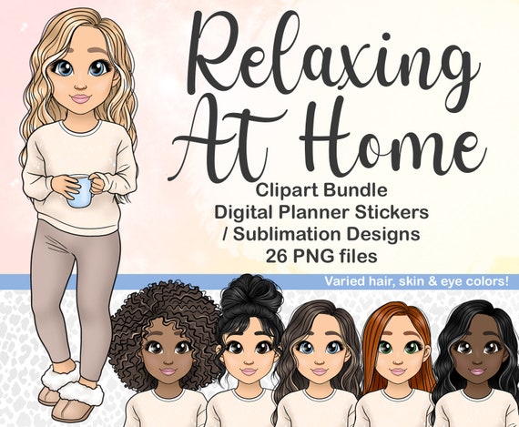 Kawaii Loungewear Fashion Girl Clipart, Cute Comfy Sweater and Leggings Woman with Tea PNG, Digital Planner Sticker, Sublimation File SVG