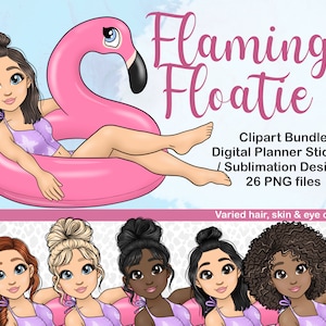 May include: A digital clipart bundle of 26 PNG files featuring a girl on a pink flamingo floatie. The clipart is perfect for digital planners, stickers, and sublimation designs. The girl has varied hair, skin, and eye colors.