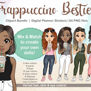 Beste Freunde Kaffee Trinken Clipart, Bffs und Sorority Clipart, Chibi Profil, Anpassbare Clipart Puppen PNG, Schwarzes Mädchen Beste Freunde