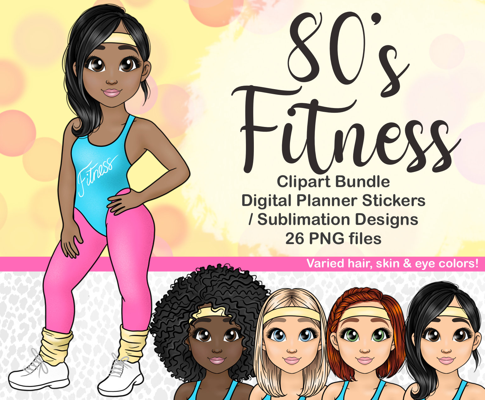 Cute 80s Era Fitness Girl Clipart, Retro Vibes Exercise Class Woman PNG, Healthy Aerobics Instructor Lady Printable Sticker, Afro Black Girl