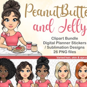 Peanut Butter and Jelly Sandwich Girl PNG, PB und J Lady SVG, Süße Mom Planner Clipart, Bagel Clipart, plr Digital Sticker, Cute Girl png