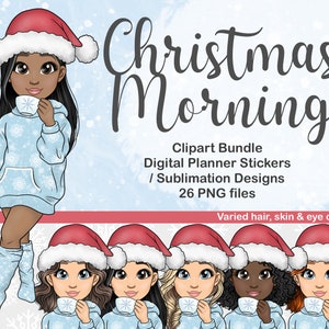 Hand drawn Christmas Morning Girl with Coffee Candy Cane PNG, Cute Black Girl, Winter Digital Planner Dolls Bundle, Sublimation Files xmas