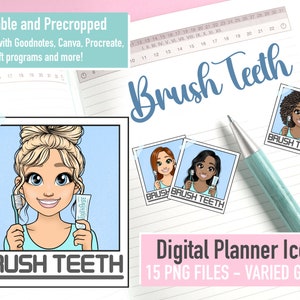 Zahnbürsten Zähne Mini Digitale Planer PNG Icons, Zahnpaste Emoticon Mädchen PNG, druckbare Planer Goodnotes Wöchentliche Sticker, Routine Clipart