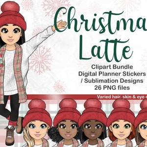Gezellige kerst Latte Girl Clipart, Cute Xmas Fashion Doll PNG, Vrouw met Koffie Digitale Planner Sticker, Kawaii Tumbler Sublimatie Chibi,