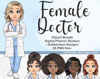 Cute Female Doctor Girl in Scrubs and White Labcoat PNG, Medical Health Nurse Woman Clipart, Hospital Doctor Digital Planner Sticker SVG,