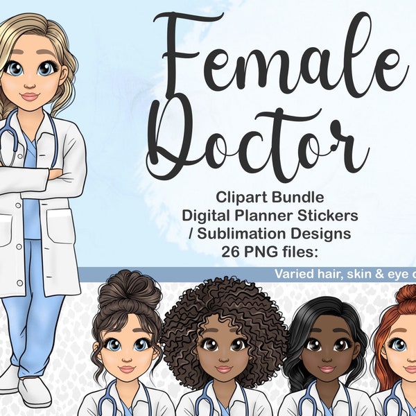 Cute Female Doctor Girl in Scrubs and White Labcoat PNG, Medical Health Nurse Woman Clipart, Hospital Doctor Digital Planner Sticker SVG,
