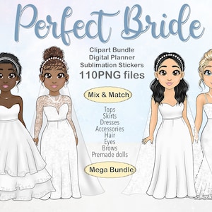 Clipart personalizável de noiva de casamento, adesivos digitais de vestido de mistura e combinação de noiva, arquivos PNG de sublimação de casamento, marido e mulher para impressão