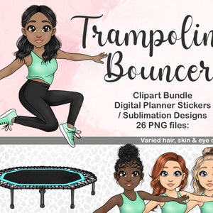 Mini Trampoline Jumping Girl Clipart, Bounce Woman PNG, Clipart Fitness, Workout Illustration Files pour les planificateurs numériques, Autocollants imprimables