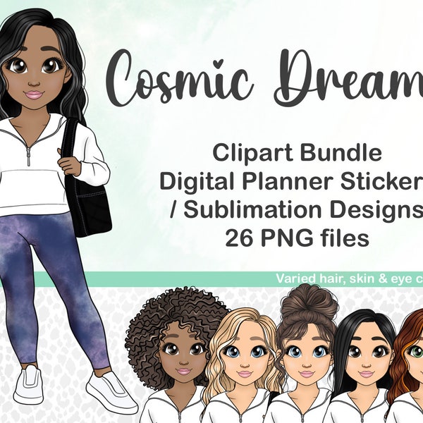 Cosmic Leggings Gym Girl Clipart, Cute Casual Fashion Girl Clipart, Black Girl Clipart, Kawaii Chibi Doll, Digital Planner Sticker Printable