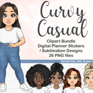 Hand drawn Cute Curvy Fashion Girl in Denim Jeans White Tshirt PNG, Kawaii Printable Goodnotes Stickers, Plus Size Lady Sublimation Files