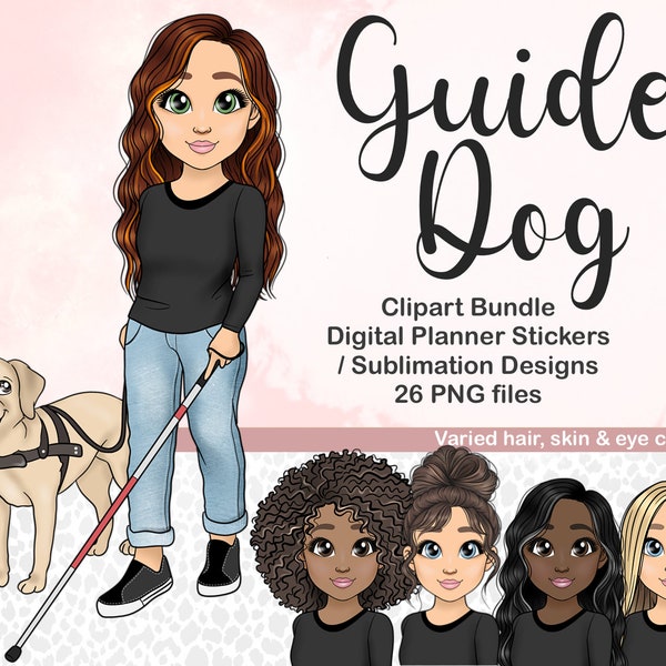 Girl with Guide Dog Clipart, Disability Woman with Service Animal PNG, Labrador Retriever Puppy helping Blind Lady, Diversity and Inclusion