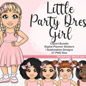 Leuk klein meisje in feestjurk Clipart, jong schoolmeisje PNG, Kawaii Chibi kind digitale planner sticker, familie kinderen sublimatiebestanden