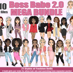 Mode meisje baas Babe clipart mega bundel, kawaii Chibi PNG, meisje baas digitale planner sticker, zwart meisje clipart, planner pop printables