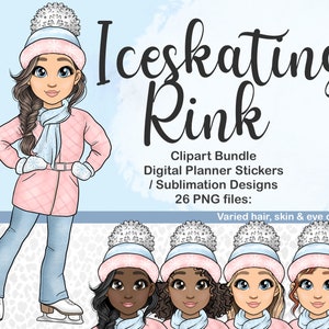 Eislaufen Mädchen Clipart, Winter Aktivitäten Illustration, Eisbahn Puppe digitale Planner Aufkleber, Weihnachten verschneiten Sublimation SVG