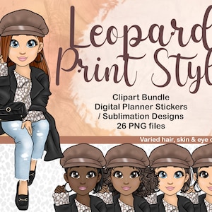 ヒョウ柄ファッションドール クリップアート、ジーンズとセーターを着た秋の少女上司 PNG、スタイル デジタル プランナー ステッカー、印刷可能なイラスト SVG