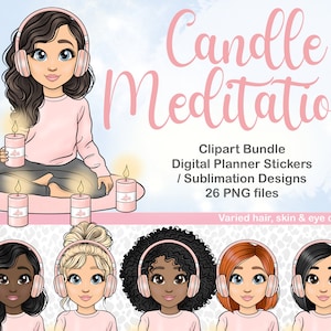 Bougie fille Clipart, Relaxation méditation maman planificateur autocollants, insertion de bonnes notes, autosoins planificateur numérique PNG, autocollant imprimable de pleine conscience