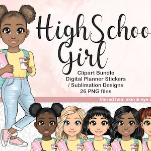 Mignon lycéenne Clipart, Kawaii Lycée Adolescent Chibi PNG, Étudiant noir avec sac à dos pour ordinateur portable Digital Planner Sticker Sublimation