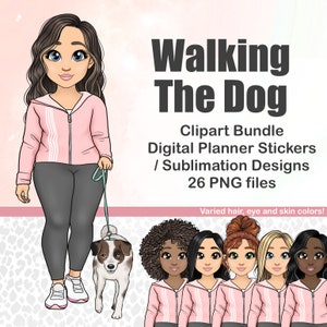 Dog Walking Clipart, Cute Puppy Chibi PNG, Kawaii printable journal sticker doll, mom sublimation Cricut files, fashion girl handdrawn art
