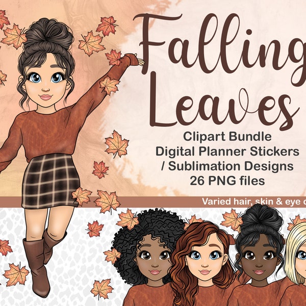 Falling Leaves Planner Clipart, Autumn Vibes Girl Journal PNG, Fall Clipart, Leaf Digital Planner Stickers, Kawaii BuJo Printable Stickers,