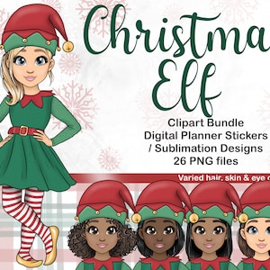 Cute Christmas Elf Girl Clipart, Xmas Chibi PNG, Festive Santas Little Helper Planner Doll, Babbo Natale Tumbler Sublimation Files