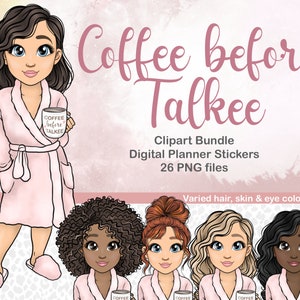 Coffee Girl in Dressing Gown clipart / Maman fatiguée en robe avec clipart de café / Poupée Fashion Girl Coffee Planner / Autocollant de café imprimable