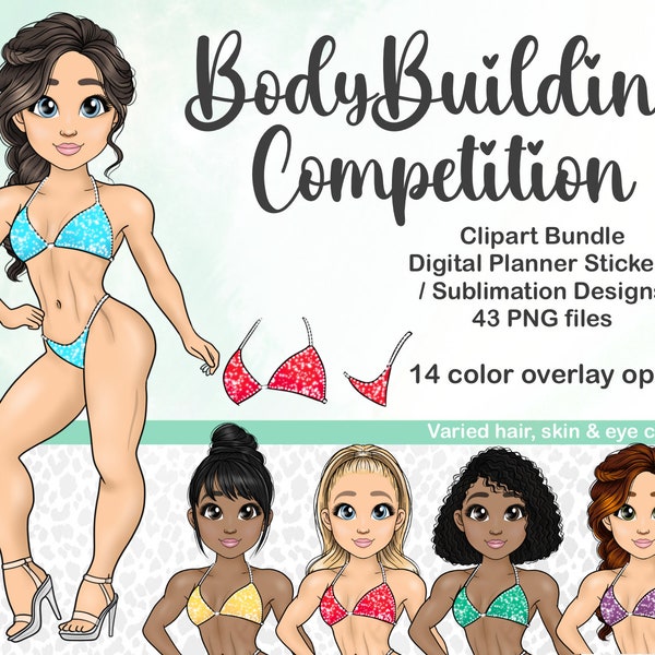 Bodybuilding Clipart, Cute Bikini Physique Competition PNG, Fitness Clipart, Sporty Muscle Girl Digital Planner Stickers, Sublimation Files