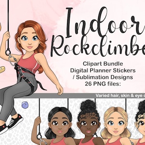 Indoor Rockclimbing Girl Clipart, fichiers d'illustration Rockclimber, png d'activités, bouldering digital planner sticker girl, week-end clipart