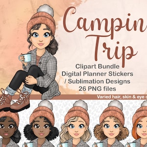 Camping trip meisje clipart, gezellige herfst mode vrouw PNG, herfst mok SVG, buiten wandelen moeder digitale planner sticker, afdrukbare Cricut sticker