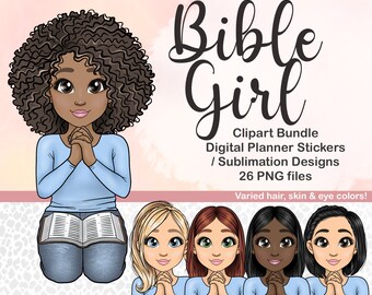 Bible Girl Praying on Knees PNG, Christian Devotional Woman Clipart, Cute Church Digital Planner Printable Sticker, Catholic Sublimation SVG
