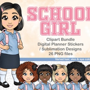 Schoolgirl Clipart, School Children PNG, Kid with Backpack Printable Sticker, Kindergarten Toddler Planner Sticker, Playground SVG files
