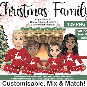 Customisable Christmas Family Clipart Bundle, Personalised Xmas Mom, Dad, Brother, Sister Family Xmas Card Portrait, Festive Sublimation PNG