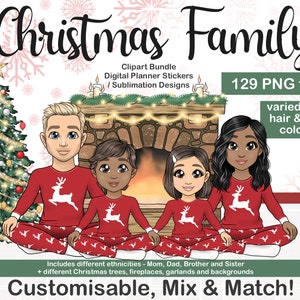 Customisable Christmas Family Clipart Bundle, Personalised Xmas Mom, Dad, Brother, Sister Family Xmas Card Portrait, Festive Sublimation PNG