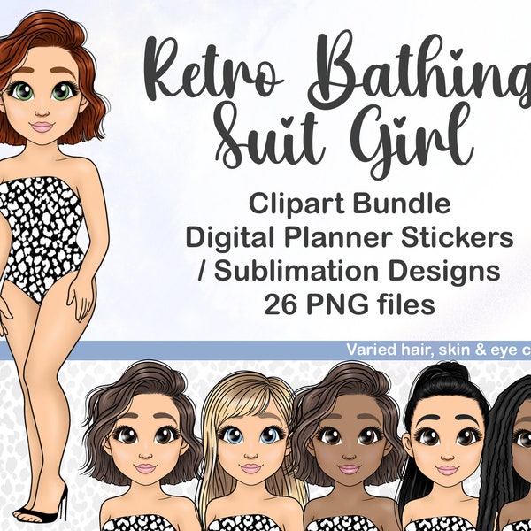 Cute Retro Swimsuit Girl Clipart, Kawaii Bathingsuit Beach PNG, Digital Planner Doll, Summer Tumbler Sublimation Files, Black Girl Clipart,