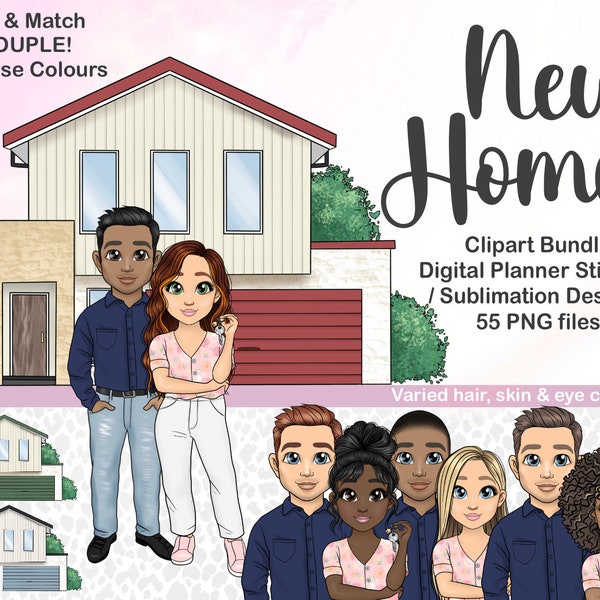 New Home Clipart, House PNG, Cute Housewarming Couple, Mom and Dad Chibi Printable Sticker, Family Planner Dolls, Sublimation Files Cricut