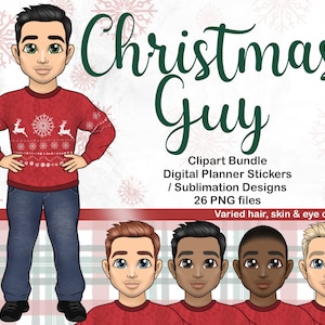 Christmas Guy Clipart, Xmas Dad Boy Doll PNG, Festive Boyfriend Planner Bundle, Black Hispanic Man Autocollant imprimable, Tumbler Sublimation