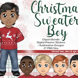 Leuke kerst trui jongen clipart, gezellige jonge schooljongen PNG, Kawaii Chibi kind digitale planner sticker, familie kinderen zoon sublimatie bestanden