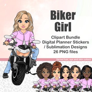 かわいいバイクガールのクリップアート、かわいいバイカーちび人形 PNG、印刷可能なプランナーステッカー、デジタル Goodnotes グラフィックス、昇華 Cricut ファイル