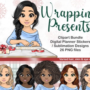 Crafty Girl Wrapping Christmas Presents Clipart, Kawaii Craft Woman Creating Gifts PNG, Xmas Celebration Sublimation Files, Digital Planner