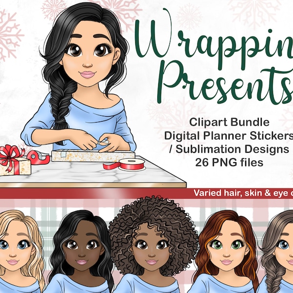 Crafty Girl Wrapping Christmas Presents Clipart, Kawaii Craft Woman Creating Gifts PNG, Xmas Celebration Sublimation Files, Digital Planner