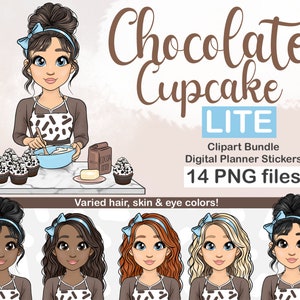 Clipart de niña con cupcakes de chocolate dibujados a mano, clipart de mujer horneando / chica de moda con pastel, clipart de logotipo de panadería / mujer afroamericana horneando