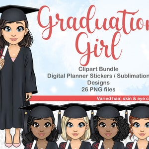 Graduación chica clipart, diploma clipart, graduado PNG, pegatinas digitales PLR, chica afroamericana, afro hair girl clipart, universidad PNG
