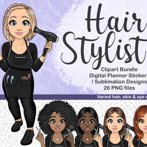 Coiffeur Clipart, Salon de coiffure Femme PNG, Beauty Fashion Girl Digital Planner Sticker, Fichiers PNG pour sublimation, Black Girl Clipart SVG image 1