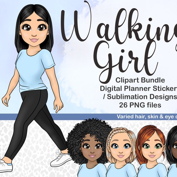 Cute Walking Girl PNG, Exercise Woman Clipart Bundle, Kawaii Fitness Chibi Digital Planner Sticker, Healthy Mom Tumbler Sublimation SVG