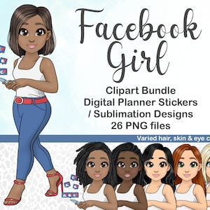 Facebook Girl Clipart, Social Media Avatar PNG, Cute Chibi on Phone, iPhone icons Woman, Digital Planner Sticker, Cute Sublimation Files