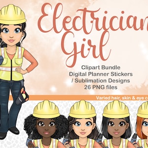Clipart de fille de construction, électricien femme PNG, autocollant numérique de travail de commerce, Afro Girl SVG, autocollant imprimable de travail de constructeur, téléchargement immédiat