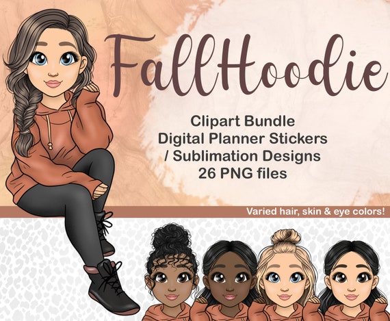 Cosy Hoodie Fashion Doll Clipart, Autumnal Comfy Sweater PNG, Autumn Digital Planner Sticker, Sublimation SVG file, Cute Hispanic Latin Lady