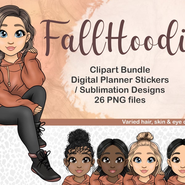 Cosy Hoodie Fashion Doll Clipart, Autumnal Comfy Sweater PNG, Autumn Digital Planner Sticker, Sublimation SVG file, Cute Hispanic Latin Lady