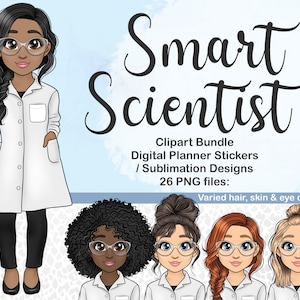 Mujer científica dama en bata de laboratorio Clipart, chica científica PNG, muñeca planificadora digital, pegatina de estudio de química, icono de biología, materia de física SVG