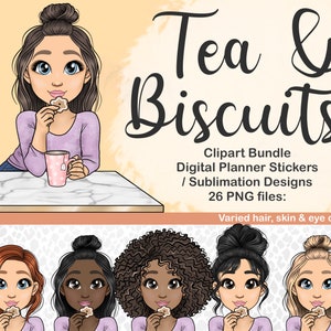 Thee en koekjes meisje clipart, vrouw koekjes eten en cacao drinken PNG, ontspannende digitale planner iconen, kerst afdrukbare stickers